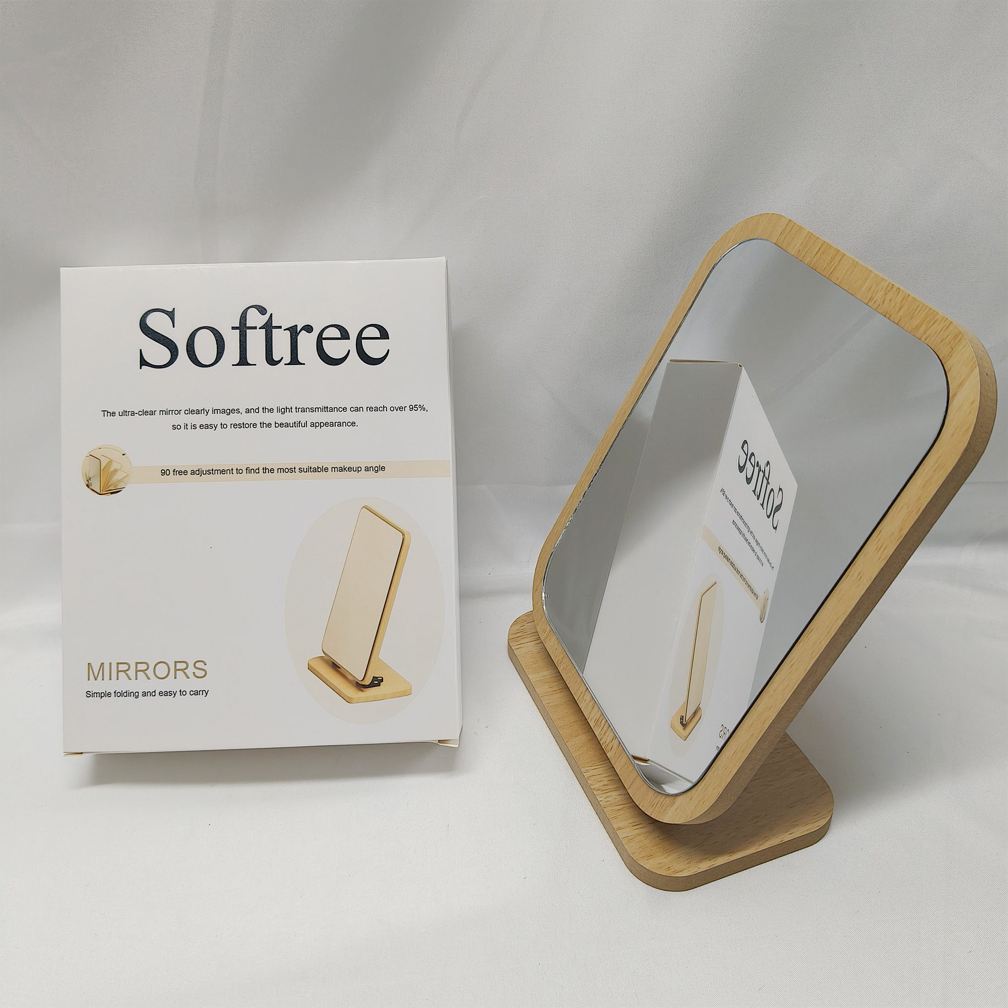 Softree-Mirrors-PC Rectangular Compact Table Mirror Vertical Wood Frame Mirror Table Mirror 90 Degree Rotation Makeup Mirror. - Image 2
