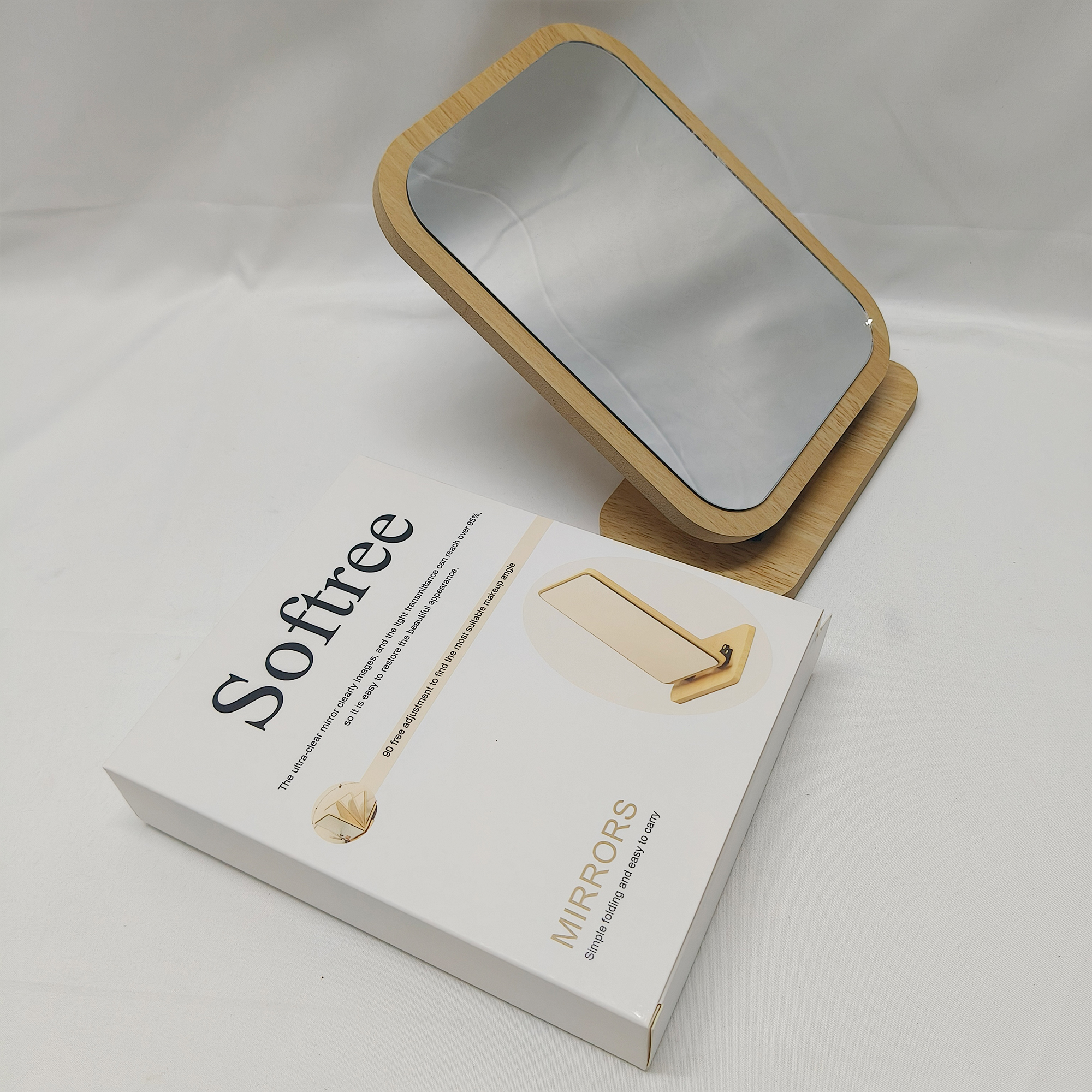 Softree-Mirrors-PC Rectangular Compact Table Mirror Vertical Wood Frame Mirror Table Mirror 90 Degree Rotation Makeup Mirror. - Image 5