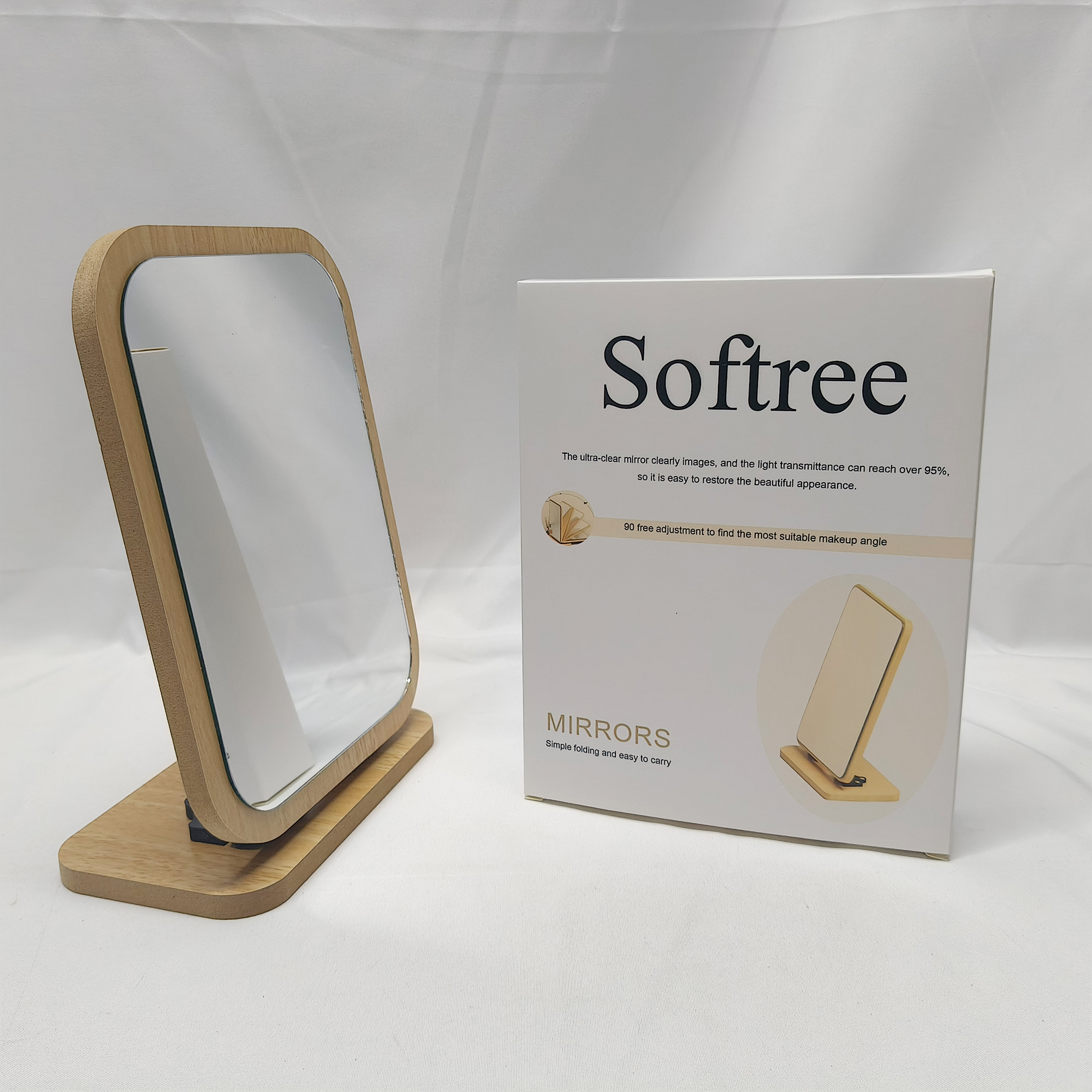Softree-Mirrors-PC Rectangular Compact Table Mirror Vertical Wood Frame Mirror Table Mirror 90 Degree Rotation Makeup Mirror. - Image 6