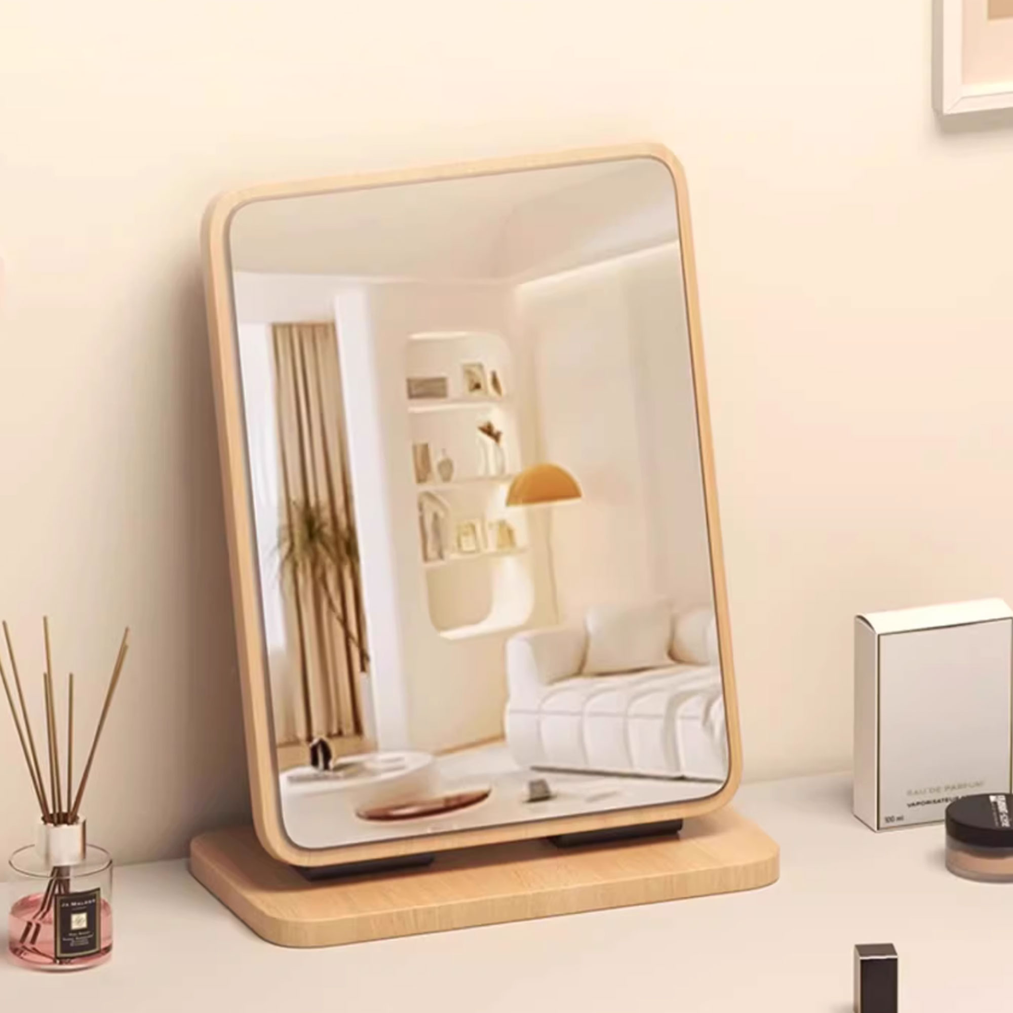 Softree-Mirrors-PC Rectangular Compact Table Mirror Vertical Wood Frame Mirror Table Mirror 90 Degree Rotation Makeup Mirror.